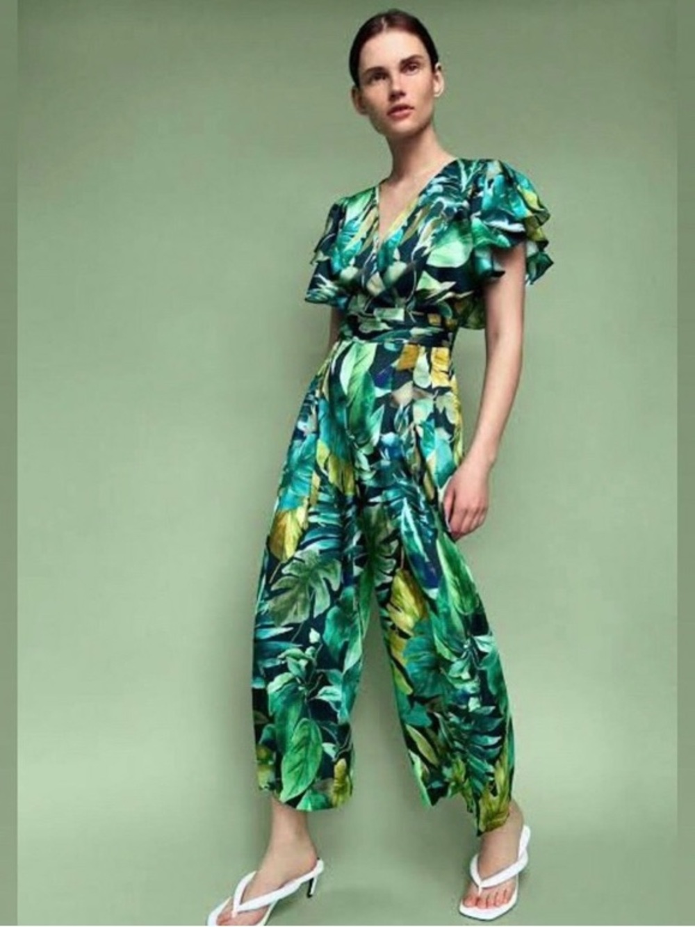 Zara Tropical Floral V Neck Jumpsuit Green Ruffle Sleeve Wide Leg Cropped